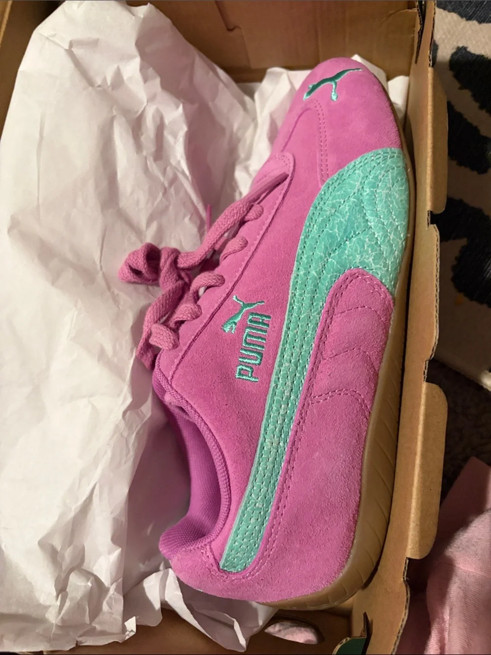 Puma Pink Suede Sneakers with Mint Stripe